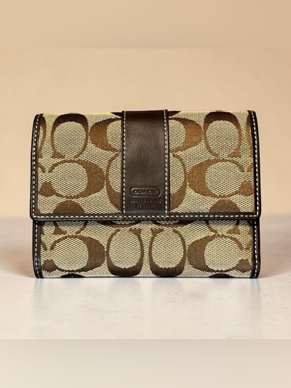 Coach 1941 Leatherwear Tan Canvas and Brown Leather Signature C Tri Fold Wallet